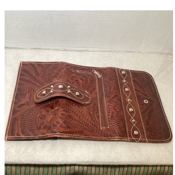 American West Genuine Leather Western Tooled Wallet Brown Snap Closure - Picture 11 of 16